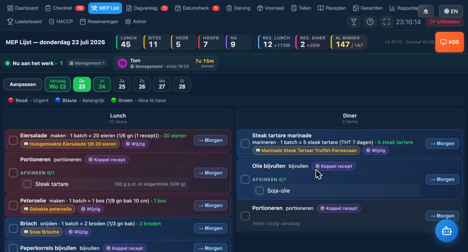 inroll MEP-lijst: lunch- en dinervoorbereiding met prioriteiten en batch-tellers
